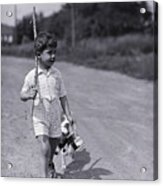 Boy Walking With Fishing Stick Acrylic Print
