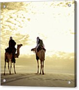 Camel Riders In Desert During Sunset Acrylic Print