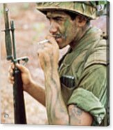 Camouflaged Soldier Smoking Cigarette Acrylic Print