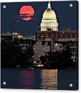 Capitol Lunacy -  Full Moon Rising Beside Wi Capitol Dome From Peninsula Point Acrylic Print