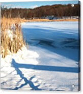 Cattails And Post  In Snow Along Pond Acrylic Print