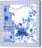 Chinoiserie Blue And White Pagoda With Stylized Flowers And Chinese Chippendale Border Acrylic Print