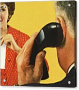 Closeup Of A Man On The Telephone And A Woman Watching Acrylic Print