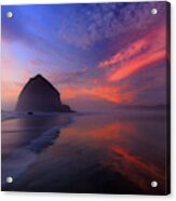 Sunset Reflections On Beach At Haystack Rock Acrylic Print