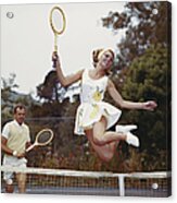 Couple On Tennis Court, Woman Jumping Acrylic Print