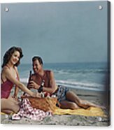 Couple Sitting On Beach Holding Beer Acrylic Print