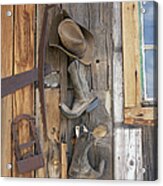 Cowboy Boots And Hat Hanging On Cabin Acrylic Print