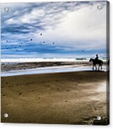 Cowboy Riding Horse On Beach Acrylic Print