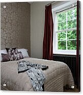 Cream Quilted Bedcover With Floral Patterned Wallpaper On Bed At Window Of Sussex Home Uk Acrylic Print