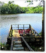 Deck With Red Chairs And Fishing Poles On A Delaware Lake Acrylic Print