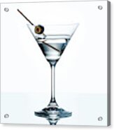 Dry Martini With Green Olive In Cocktail Glass Over White Backgr Acrylic Print