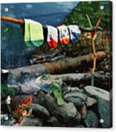 Drying Wet Socks On The Bonfire During Camping. Socks Drying On Fire. Active Rest In Forest. Acrylic Print