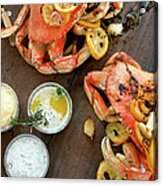 Fire Roasted Dungeness Crabs On Wooden Acrylic Print