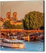 France, Ile-de-france, Seine, Paris, Louvre, Vendome, Pont Des Arts, Pont Des Arts, Notre Dame De Paris In The Background Acrylic Print