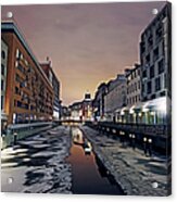 Frozen Canal In Inner Hamburg At Night Acrylic Print