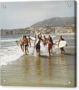 Group Of Surfers Running In Water With Acrylic Print
