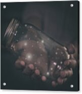 Hands Holding Jar With Fireflies Acrylic Print