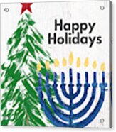 Happy Holidays Tree And Menorah- Art By Linda Woods Acrylic Print