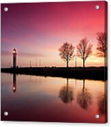 Harbor Jetty And Lighthouse At Sunset Acrylic Print