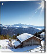 High-altitude Mountain Hut In Front Of A Panorama Of Snow-capped Acrylic Print