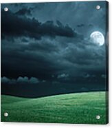 Hilly Meadow At Night With Full Moon Acrylic Print