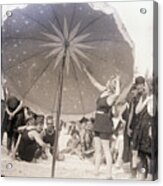 Lady Stands Under Huge Beach Umbrella Acrylic Print