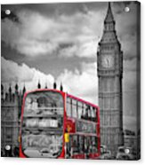London Houses Of Parliament And Red Bus Acrylic Print