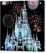 Magic Kingdom Castle In Frosty Light Blue With Fireworks 06 Acrylic Print
