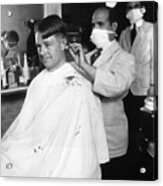 Man Getting Haircut From Barber Wearing Acrylic Print
