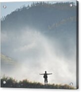 Man Hiking In Mountains Against Cloud Acrylic Print