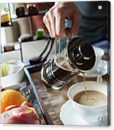 Man Pouring Coffee Into A Cup From A Acrylic Print