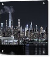 Manhattan Nocturne: Towers, River, And Clouds Acrylic Print