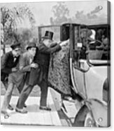 Men Pushing Stout Woman Into Automobile Acrylic Print
