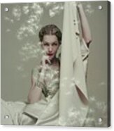 Model With Silk And Floating Dandelion Seeds Acrylic Print