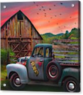 Old Truck At The Barn Watercolors Painting With Logo Acrylic Print