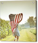 Patriotic Girl Flying American Flag Acrylic Print