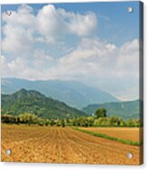 Plowed Field And Distant Mountains Acrylic Print