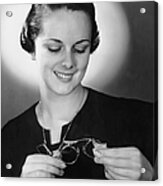 Portrait Of Woman Cleaning Eyeglasses Acrylic Print
