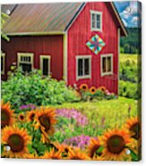 Red Barn In Summer Sunflowers Watercolor Painting Acrylic Print