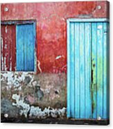Red, Blue And Grey Wall, Door And Window Acrylic Print