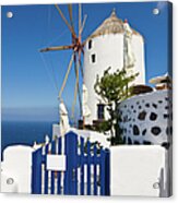 Santorini Windmill With Blue Fence Acrylic Print