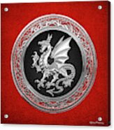 Silver Winged Norse Dragon - Icelandic Viking Landvaettir On Black And Silver Medallion Over Red Acrylic Print