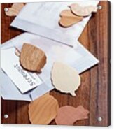 Small Leaves And Birds Cut Out Of Chip Wood Acrylic Print