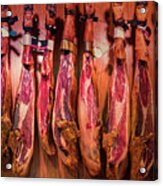 Spanish Cured Ham Hanging In Boqueria Market, Barcelona, Catalonia, Spain, Europe Acrylic Print