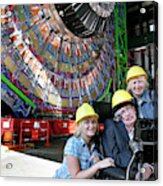 Stephen Hawking With Visitors At Cern's Cms In 2006 Acrylic Print