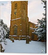 Stone Church In The Snow At Sunset Acrylic Print