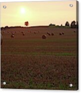 Sunset And Hay Bales Acrylic Print