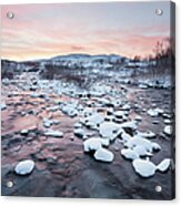 Sunset Over Freezing Stream In Finland Acrylic Print