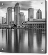 Tampa Skyline Panoramic Bay Reflections - Black And White Acrylic Print