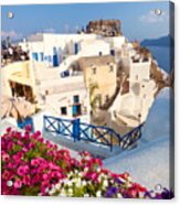 Terrace With Blossom Flowers, Oia Town Acrylic Print